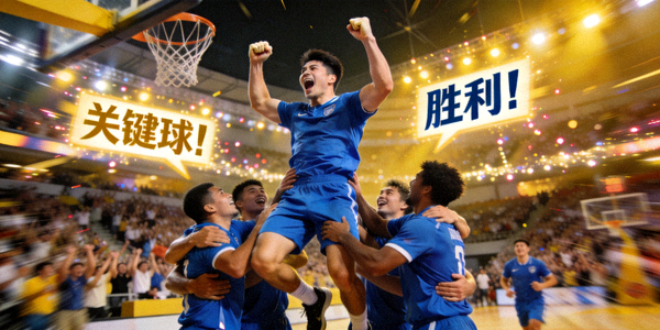 球员在重要比赛中命中关键球后庆祝胜利